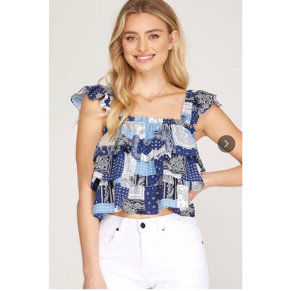 She + Sky - Ruffled Sleeve Handkerchief Printed Top - Large